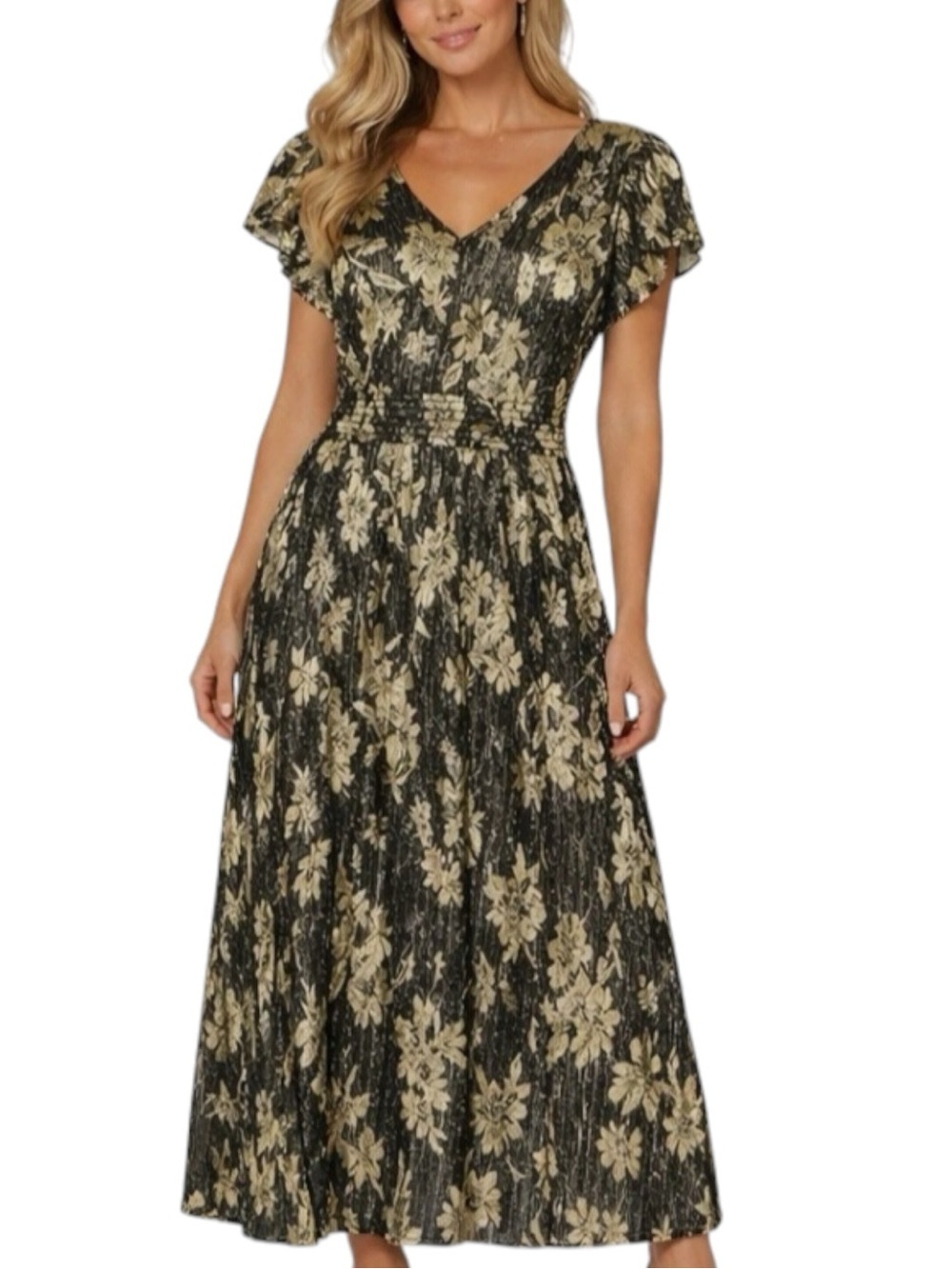 NWT VINCE CAMUTO Black & Gold Floral V-Neck Flutter Sleeve Dress Size Medium